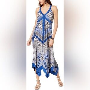 INC International Concept Blue/White/Black Print Handkerchief Stretch Dress p/s